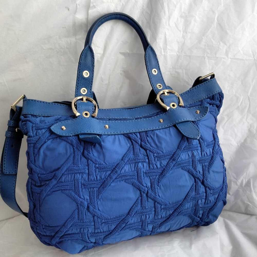 Stuart weitzman blue leather and embroidered hobo luxury bag